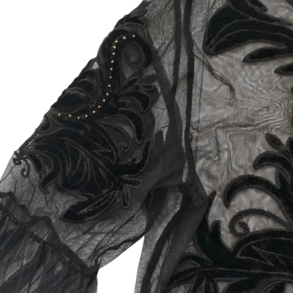 INC Black Mesh Velvet Appliqué See Through Top Blouse. Petite,Vintage,Y2K, Goth - Picture 11 of 15